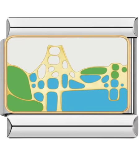 Gold and silver charm with abstract design on a white background