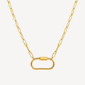Gold chain necklace with a unique clasp on a white background