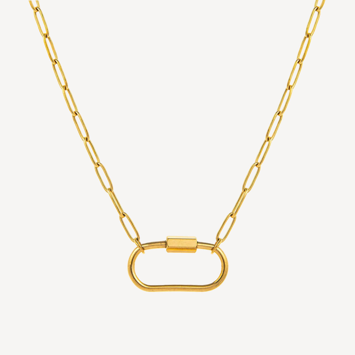 Gold chain necklace with a unique clasp on a white background