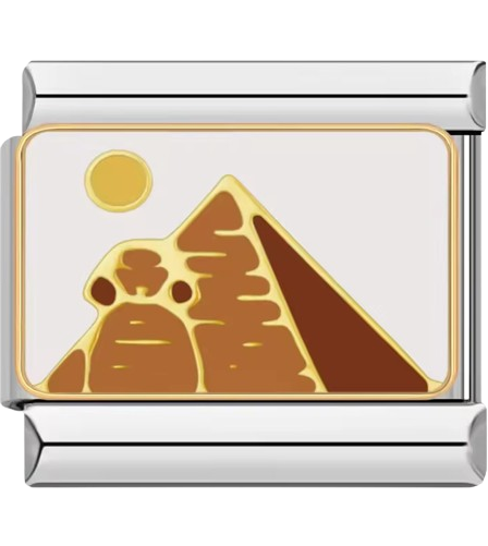 Gold pyramid design on a white background with silver border