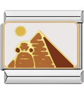 Gold pyramid design on a white background with silver border