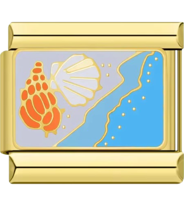 Gold charm with sea-themed design featuring a shell, coral, and wave on a light blue background.