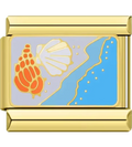 Gold charm with sea-themed design featuring a shell, coral, and wave on a light blue background.