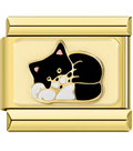 Gold charm with a black cat design on a white background