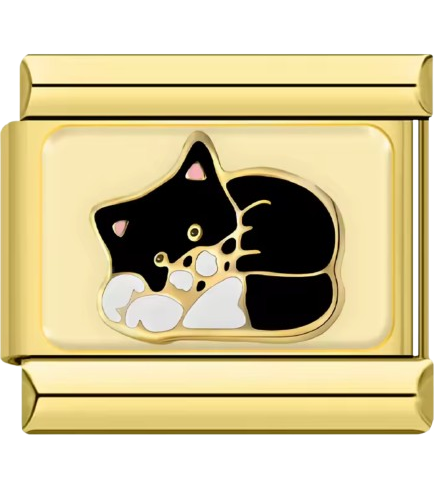Gold charm with a black cat design on a white background