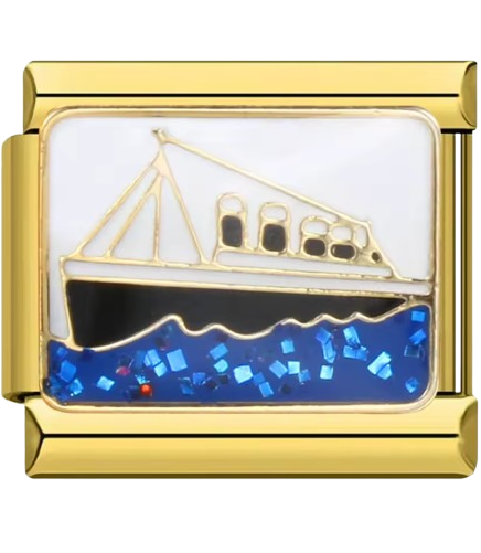 Gold charm with a ship design on a white background