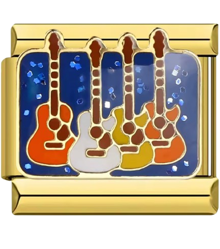 Gold charm with four colorful guitars on a blue background