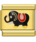 Gold charm with a black elephant design on a white background