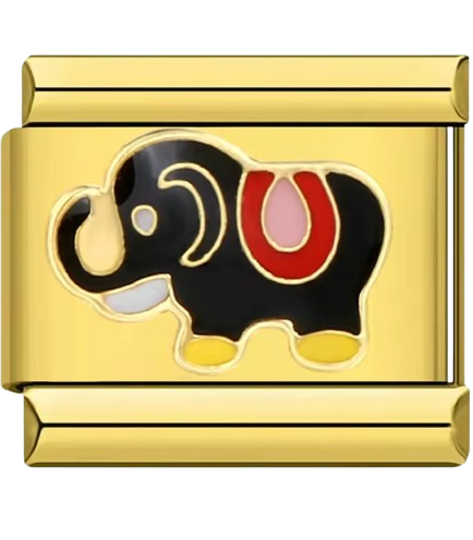 Gold charm with a black elephant design on a white background