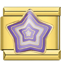 Gold charm with a purple and white star design on a white background