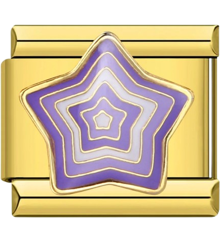 Gold charm with a purple and white star design on a white background