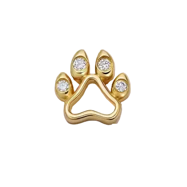 Gold paw-shaped earring with embedded diamonds on a white background