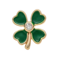 Gold four-leaf clover charm with a diamond on a white background