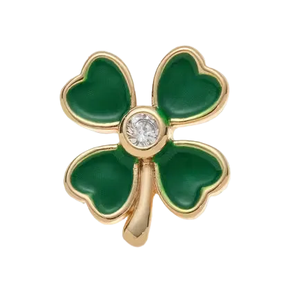 Gold four-leaf clover charm with a diamond on a white background