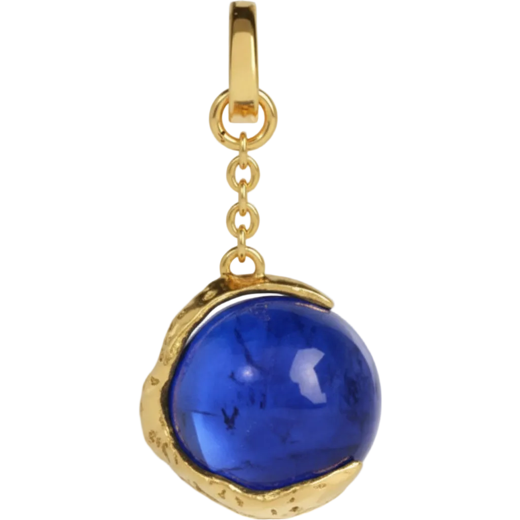 Gold pendant with a blue gemstone on a light gray background
