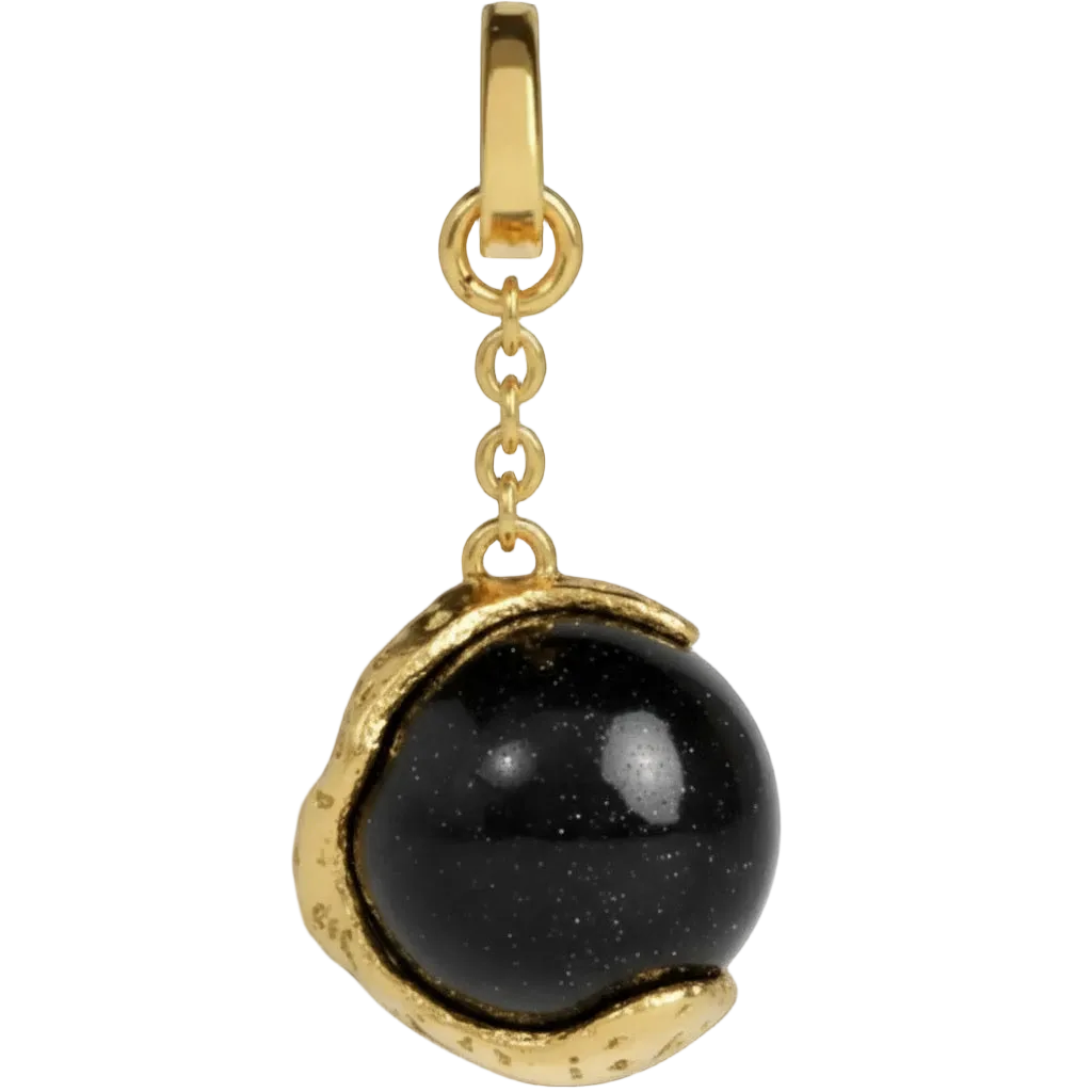 Gold pendant with a black stone on a clear background