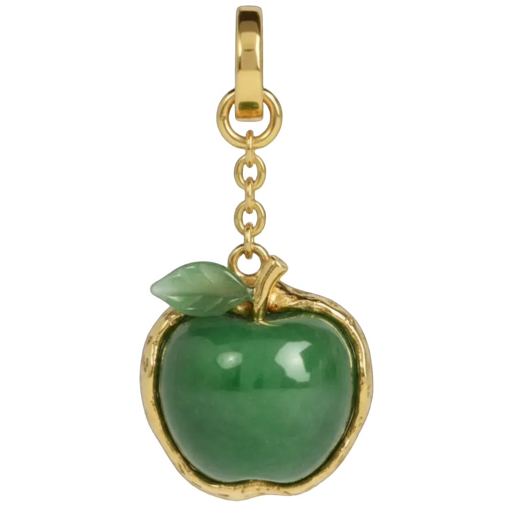 Green apple-shaped pendant with gold frame on a black background