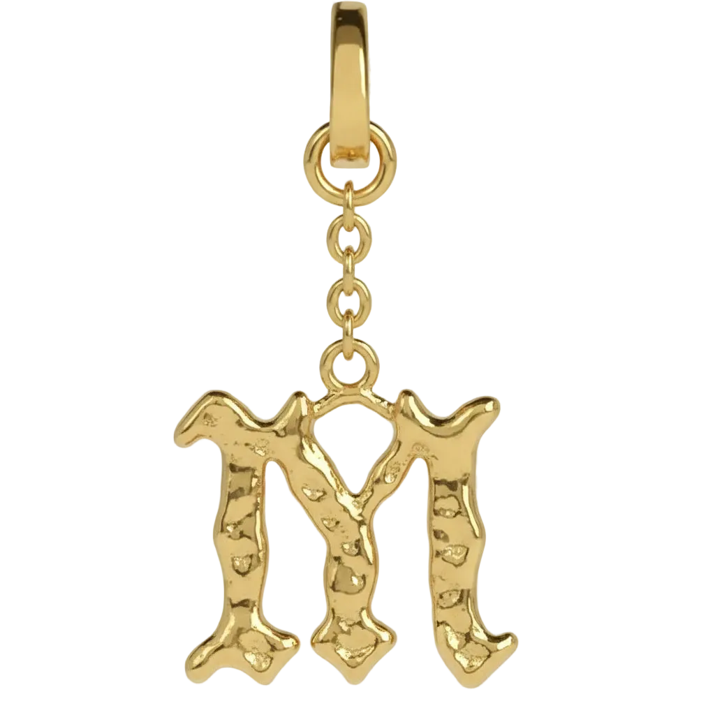 Gold pendant with 'M' letter on a transparent background
