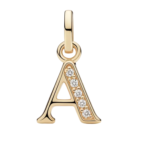 Gold pendant with letter 'A' design on a light gray background