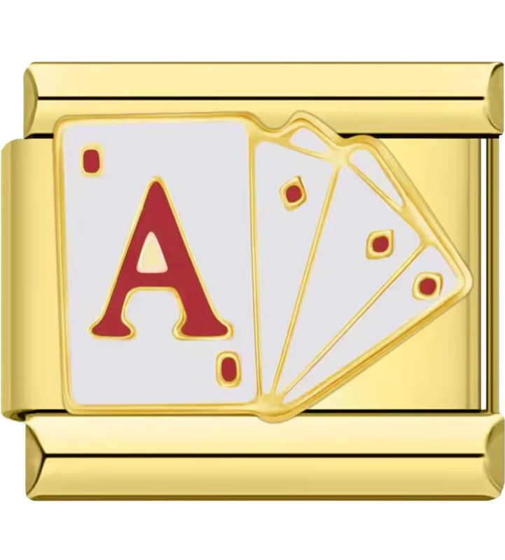 Gold charm with a red 'A' and white background