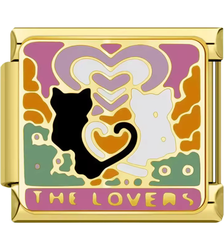 Decorative charm with cats and 'The Lovers' text on a gold border