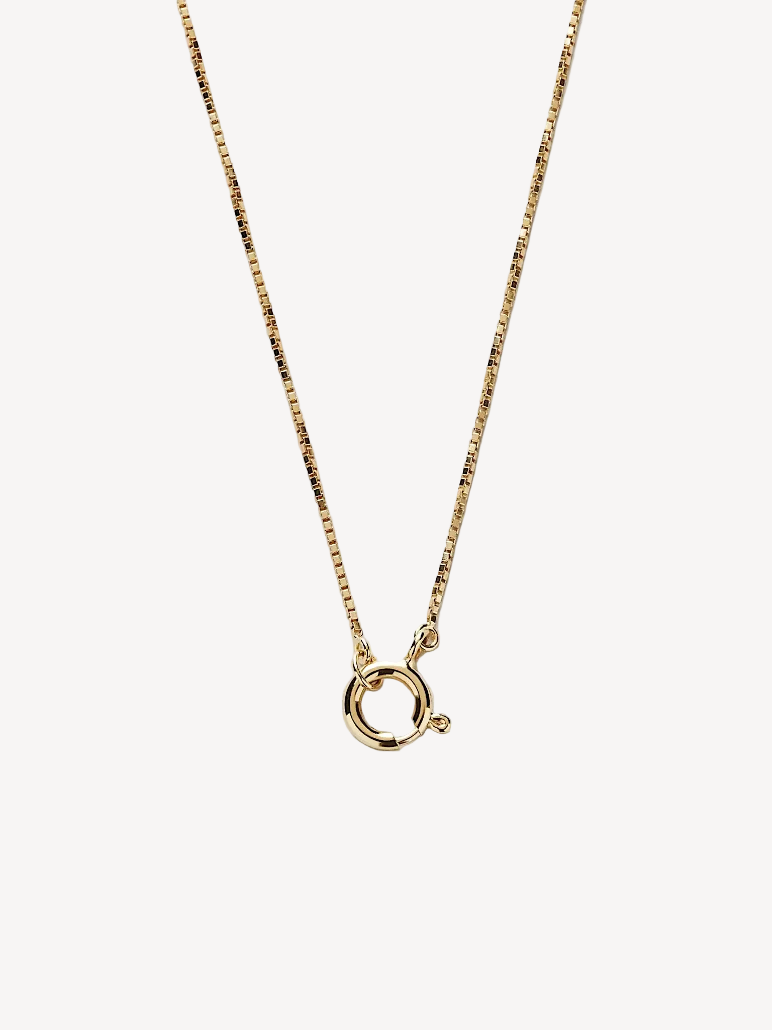 Gold necklace with a small round pendant on a light gray background