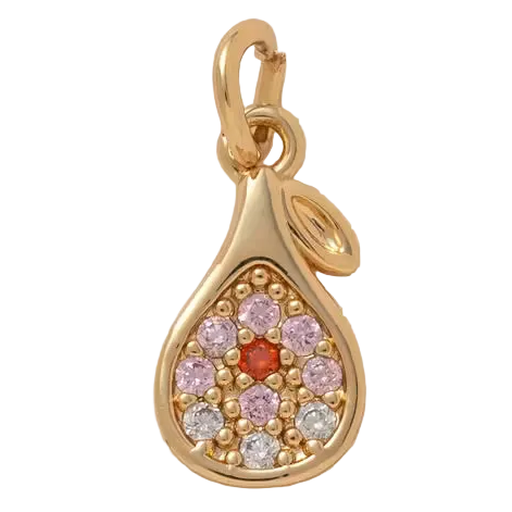 Gold teardrop-shaped pendant with colorful gemstones on a beige background