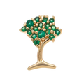 Gold tree-shaped pendant with green gemstones on a white background