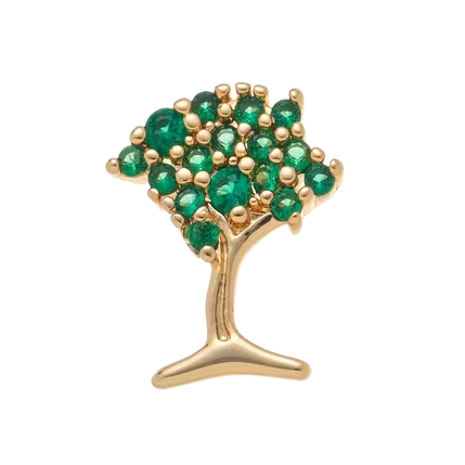 Gold tree-shaped pendant with green gemstones on a white background